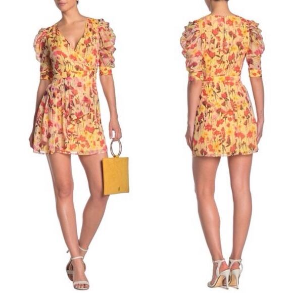 Walter Baker Butter Yellow Floral Print Dress Puff Short Sleeve Faux Wrap 8 $228 - Picture 2 of 11